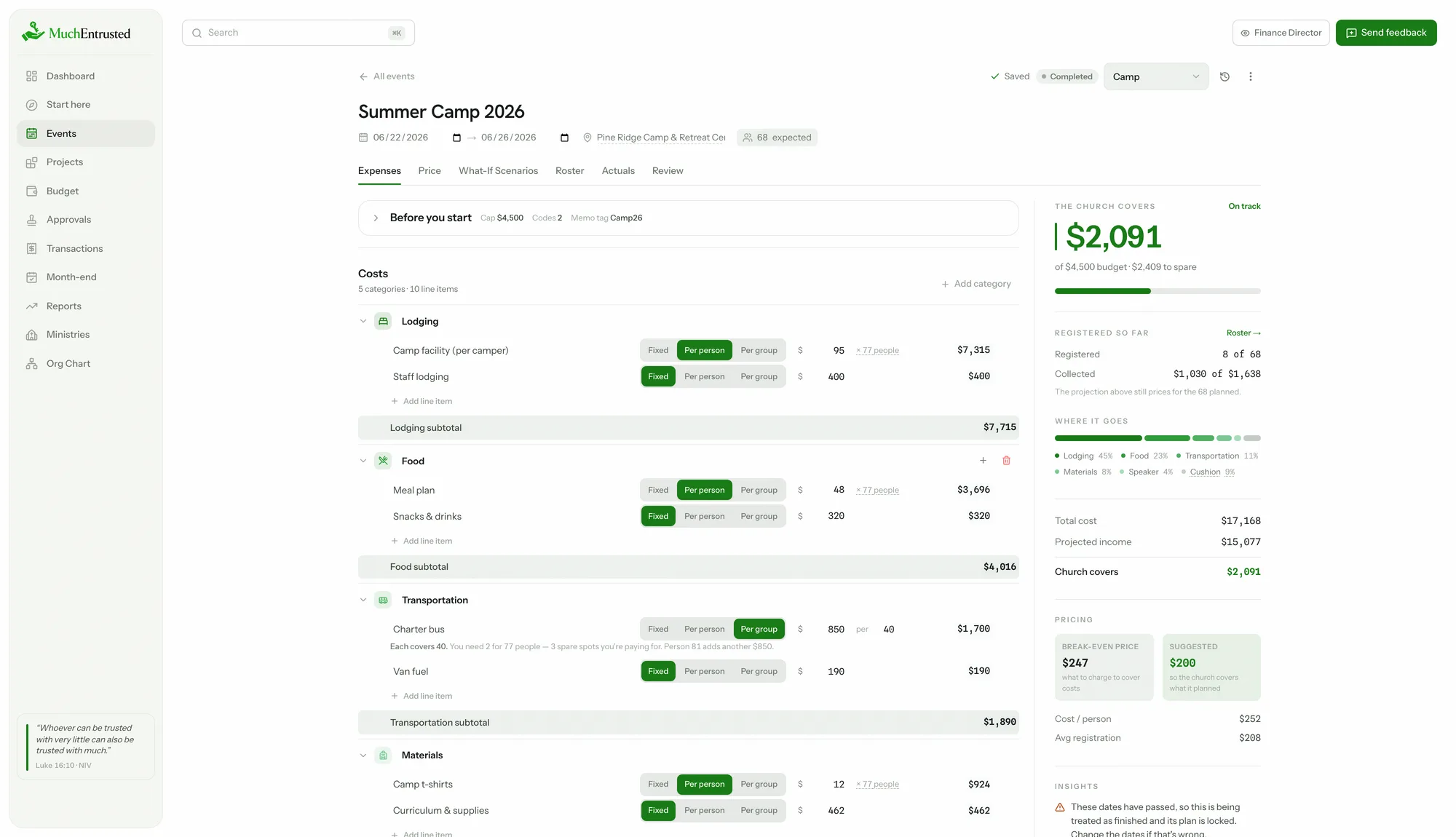 The event calculator: registration tiers, cost categories, and a live rail showing what the church covers